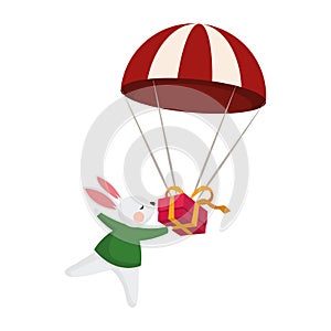 Cute rabbit with parachute with gift box icon