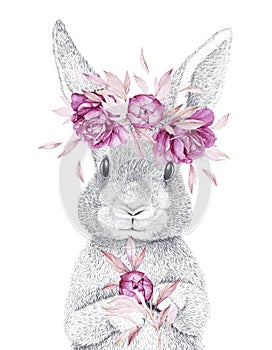 Cute Rabbit. Pencil Draw. Floral Crown. Pink watercolor flower. Woodland animals. Nursery DÃÂ©cor photo
