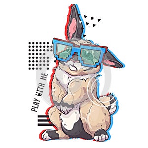Cute rabbit with pixel glasses. Play with me - lettering quote. Fluffy bunny for posters, postcards, t-shirt print