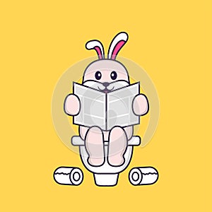 Cute rabbit Pooping On Toilet and read newspaper. Animal cartoon concept isolated. Can used for t-shirt, greeting card, invitation