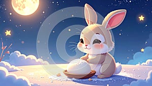 Cute Rabbit Preparing Mooncake Under Moonlight