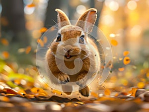 Cute rabbit running in the forest. Happy Easter concept