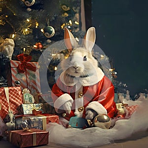 Cute rabbit in Santa Claus clothes with gifts under the Christmas tree