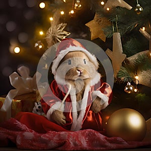 Cute rabbit in Santa Claus clothes under the Christmas tree