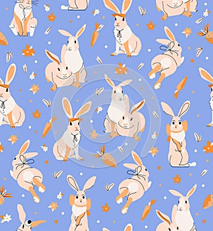 Cute rabbit seamless pattern on blue background with carrot and floral elements. Bunny animal character. Vector illustration for