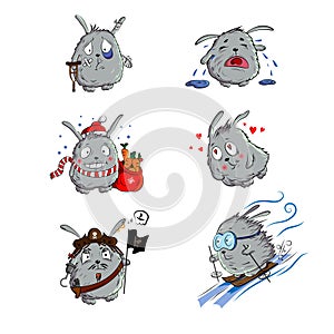 Cute rabbit set. Grey funny rabbit with presents, hearts, skiing, rabbit pirat, crying and sick rabbit.