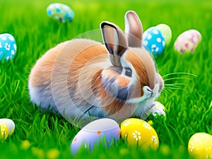 Cute rabbit sitting on the meadow grass in a spring flower meadow with easter eggs all around
