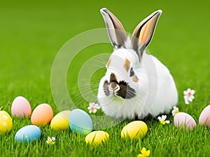 Cute rabbit sitting on the meadow grass in a spring flower meadow with easter eggs all around