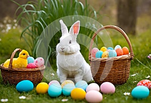 A cute rabbit is sitting next to a basket with colorful eggs. Easter in different cities of the world.