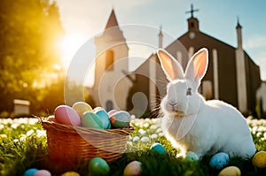 A cute rabbit is sitting next to a basket with colorful eggs. Easter in different cities of the world. church