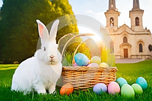 A cute rabbit is sitting next to a basket with colorful eggs. Easter in different cities of the world. europe