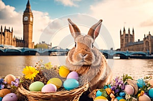 A cute rabbit is sitting next to a basket with colorful eggs. Easter in different cities of the world. london