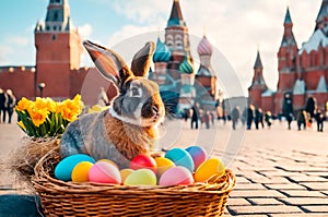 A cute rabbit is sitting next to a basket with colorful eggs. Easter in different cities of the world. moscow