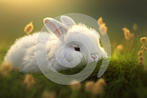 Cute rabbit in a spring meadow, generative ai