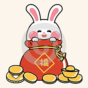 Cute rabbit stay in lucky red bag with gold coin.Chinese new year