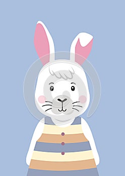 Cute rabbit in striped dress. Cartoon character.