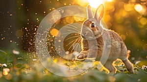 Cute rabbit in sunlit field - generative ai photo