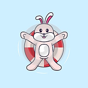 Cute rabbit is Swimming with a buoy. Animal cartoon concept isolated. Can used for t-shirt, greeting card, invitation card or