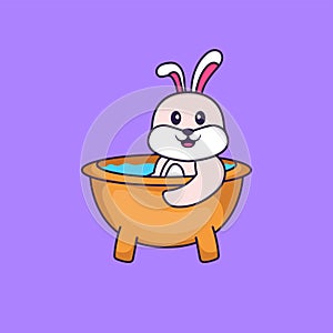 Cute rabbit taking a bath in the bathtub. Animal cartoon concept isolated. Can used for t-shirt, greeting card, invitation card or