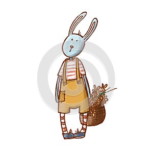 Cute rabbit toy with basket of flowers, hand drawn children`s illuatration, clipart with cartoon character