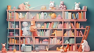 Cute rabbit toy on bookshelf sparks imagination generated by AI