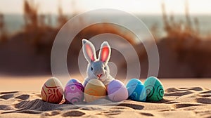 Cute rabbit toy and colorful painted easter eggs at the beach. Shallow depth of field. Concept of happy easter day