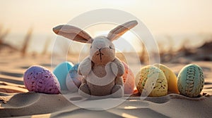 Cute rabbit toy and colorful painted easter eggs at the beach. Shallow depth of field. Concept of happy easter day