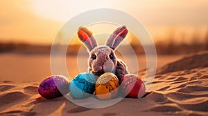Cute rabbit toy and colorful painted easter eggs in the desert under sunshine. Shallow depth of field. Concept of happy easter day