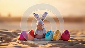 Cute rabbit toy and colorful painted easter eggs in the desert under sunshine. Shallow depth of field. Concept of happy easter day