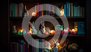 Cute rabbit toy decorates dark bookshelf indoors generated by AI