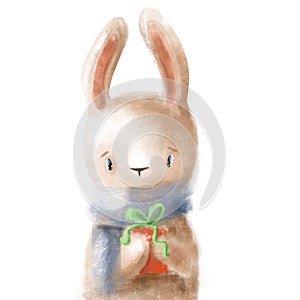 Cute rabbit toy with giftbox, hand drawn watercolor children`s illuatration, clipart with cartoon character