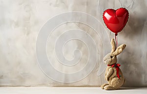 A cute rabbit toy and red heart-shaped balloon on a grey textured background, copyspace. Holiday, Valentine\'s day, love.