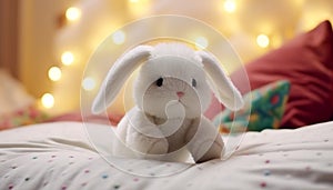 Cute rabbit toy on small bed, a fluffy decoration indoors generated by AI