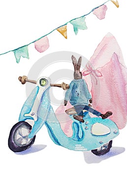 Cute rabbit toy, wooden blue scooter and pink teepee