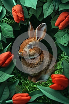 Cute rabbit with tulip flowers. Bunny on spring sunny field. Funny pet. Happy Easter