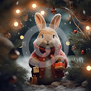 Cute rabbit in a warm scarf and gifts under the Christmas tree