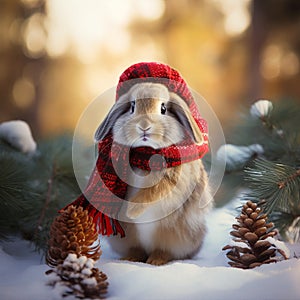 Cute rabbit in a warm scarf and gifts under the Christmas tree