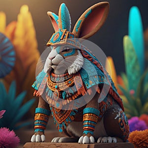 a cute rabbit wearing aztec custome