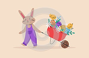 Cute rabbit with wheelbarrow and little chicks. Funny vector illustration. Easter day concept. For greeting cards