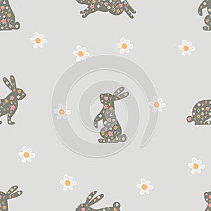 Lindo conejos decorado flores sin costura patrón.27fondo de escritorio pascua de resurrección. gris conejito 