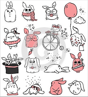 Cute rabbits doodle kid set. Simple design of cute rabbits perfect for easter card, kid s banners, stickers