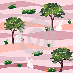 Cute rabbits with easter eggs in the garden seamless pattern on pastel background,for happy holiday