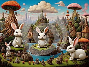 The cute rabbits in fantasy landscape in a lowbrow art claymation, animal creatures, cinematic, flawless