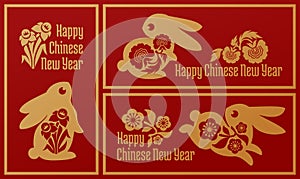 Cute rabbits with flowers of sakura, tree peony, daffodil. Chinese New Year 2023 greeting card with lunar zodiac symbol of rabbit