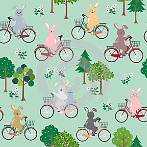 Cute rabbits the gang with bicycle happy in the garden seamless pattern for kid product,fashion,fabric,textile,print or wallpaper