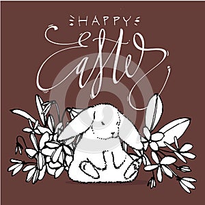 Cute rabbits, hand draw illustration with letterings phrases-Happy Easter. Draw vector illustration set character design