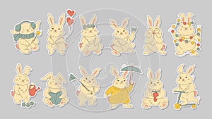 Cute rabbits stickers set with different emotions.