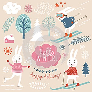 Cute rabbits and winter grachic elements