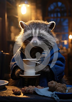 Cute raccon in blue coat drinking coffee photo