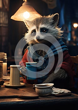Cute raccon in blue coat drinking coffee photo